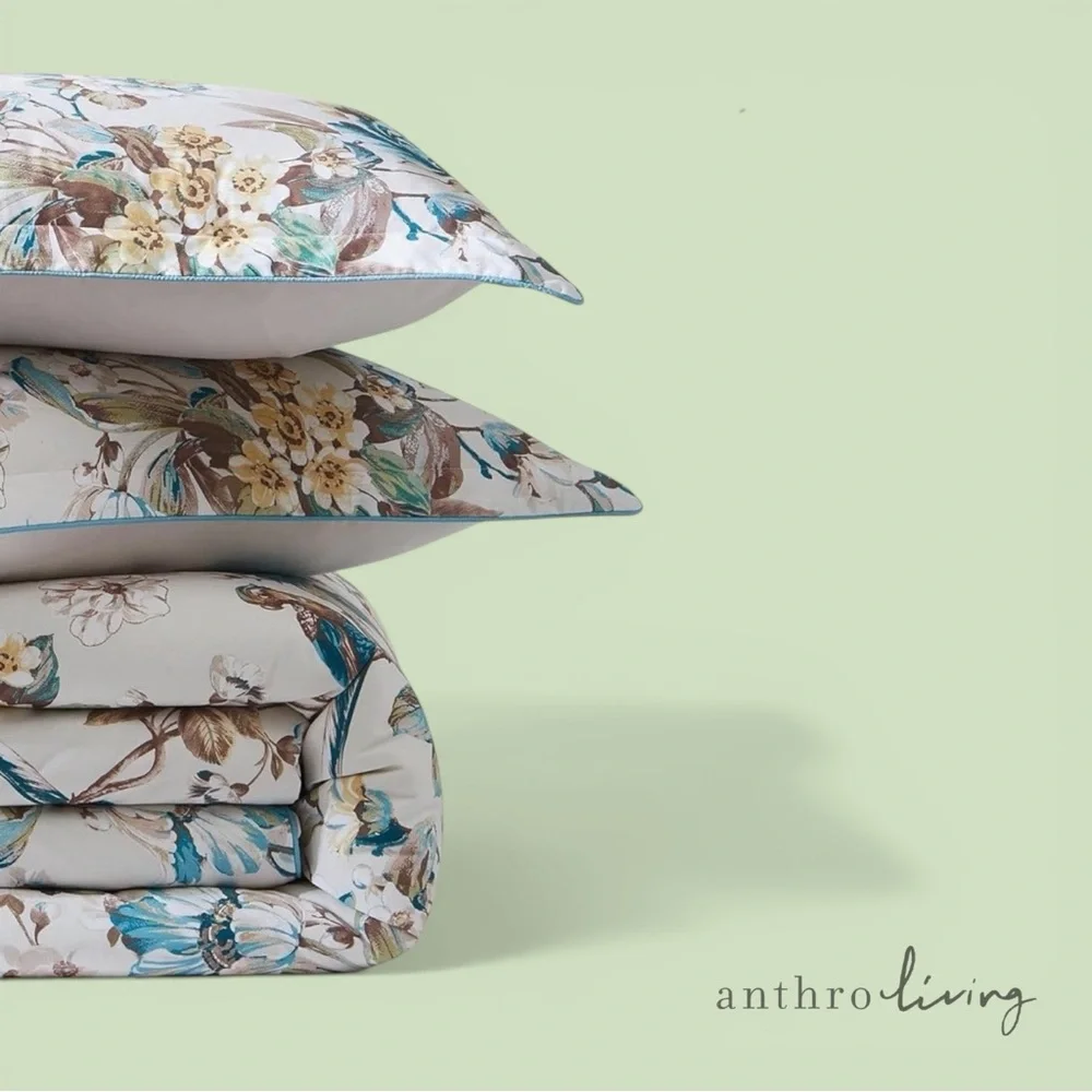 NEW Anthro White Blue Floral Bird Cotton Boho Queen King Bedding Duvet Sham Set - Picture 6 of 14
